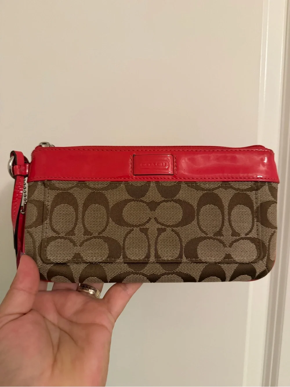 Coach Khaki Signature Canvas Wristlet with Red Trim